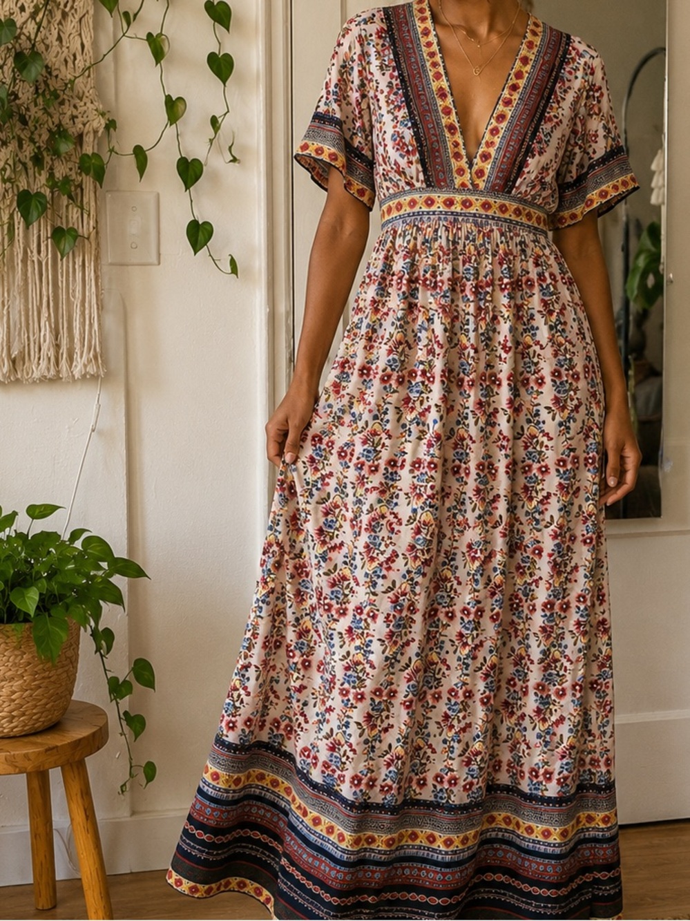URBAN Romantics Cream Boho Floral V-Neck Maxi Dress
